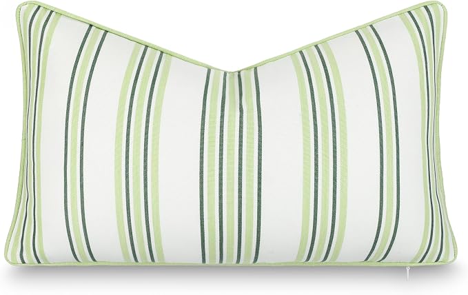 Hofdeco Premium Coastal Hampton Outdoor Performance Lumbar Pillow Cover Only, 12"x20" Water Repellent, UV and Fade Resistant for Backyard, Couch, Poolside, Grass Green Woven Bayside Stripes