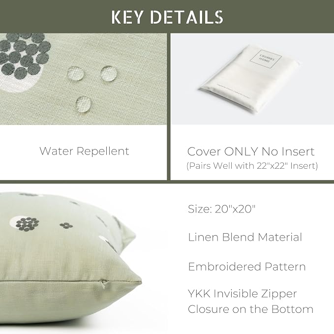 Modern Farmhouse California Casual Indoor Outdoor Throw Pillow Cover, 20"x20" Water Repellent for Patio, Backyard, Couch, Poolside, Olive Light Green Embroidered Striped Dots