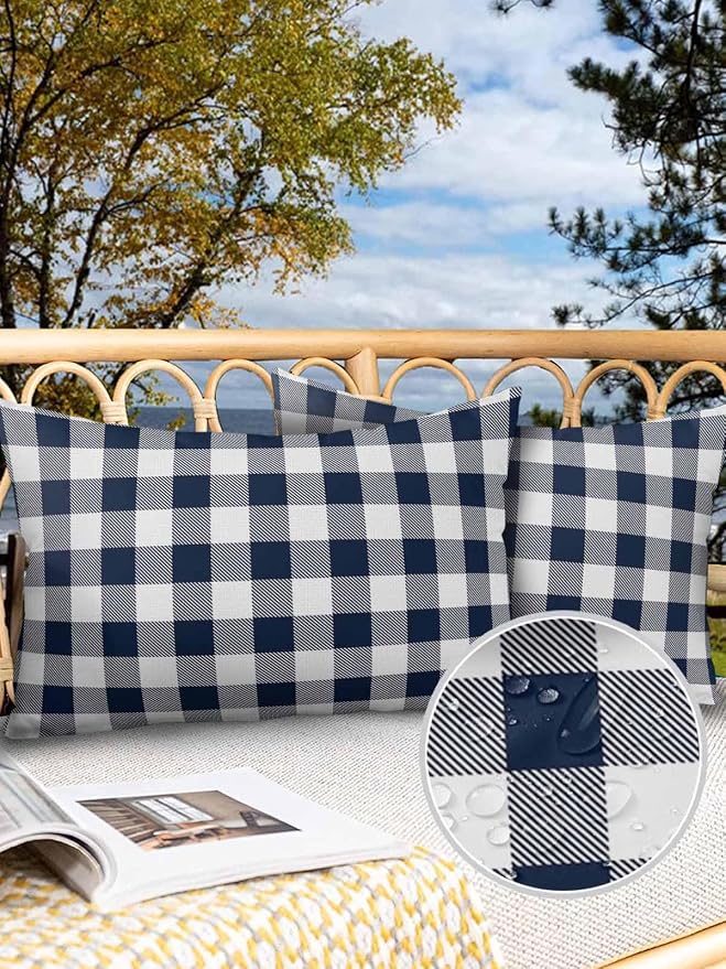 Outdoor Waterproof Throw Pillow Covers Set of 2 Buffalo Plaid Dark Blue Check Lumbar Pillowcases 20x12 Inches Farmhouse Style Patio Decorative Pillows Cushion Case Patio Pillows for Couch Bed Garden