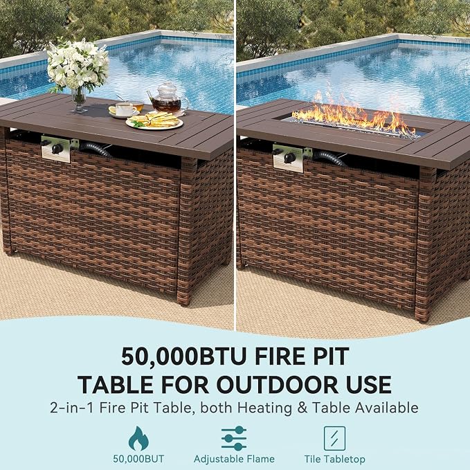 LazySunsets 7 Piece Outdoor Patio Furniture Set with 44'' Fire Pit Table, Wicker Rattan Outdoor Furniture with High Back Swivel Rocker Chairs, Outdoor Sofa Set with Thick Cushions, Navy Blue