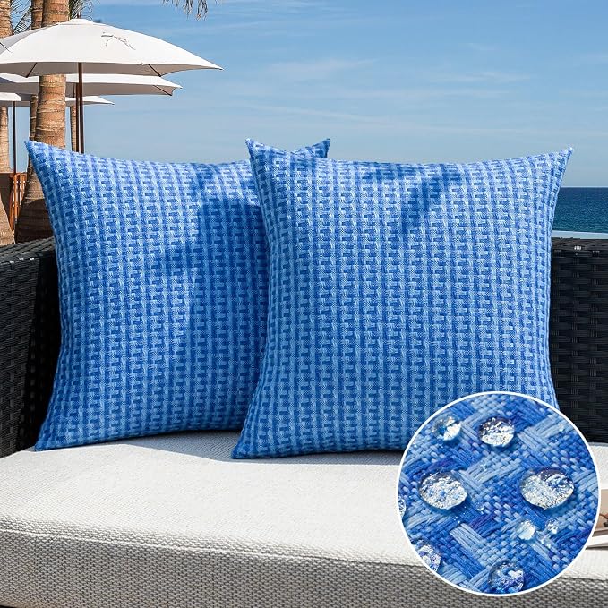 Kevin Textile Outdoor Waterproof 20"x20" Pillow Covers 2 Pack, Blue | Water Resistant Weaving Faux Linen Texture Throw Pillow Covers, Outside Decorative Pillowcases for Garden Patio Balcony Couch