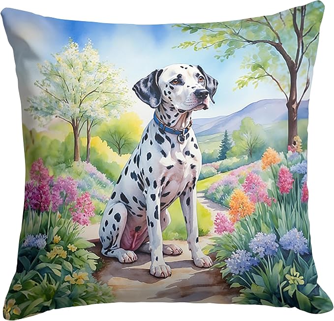 Caroline's Treasures Dalmatian Spring Path Throw Pillow Machine Washable, Indoor Outdoor Decorative Pillow for Couch, Bed or Patio, 14Hx14W