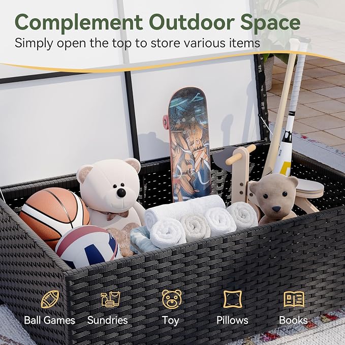 Aoxun Patio Coffee Table with Storage, All Weather Wicker Side Table with Waterproof Cover, Outdoor Storage Coffee Table for Toys and Cushions Black