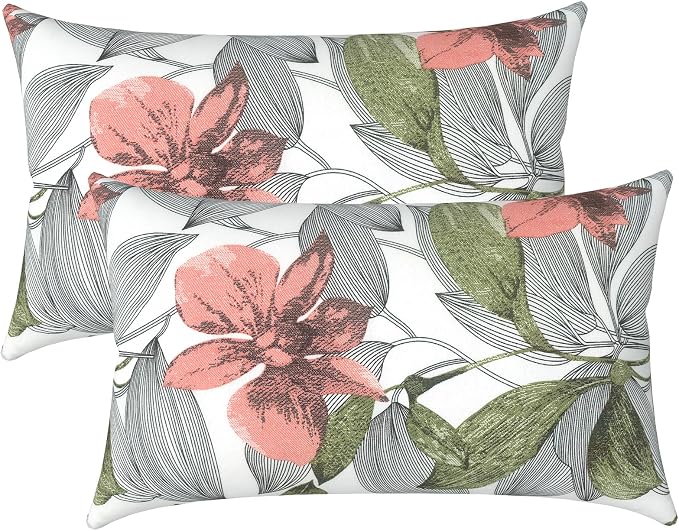LVTXIII Outdoor Pillow Covers 12x20 Inch Fade Resistant Patio Lumbar Pillow Covers, All Weather Throw Cushion Cases for Sofa Couch Decoration, 2 Pack, Clemens Noir Pink