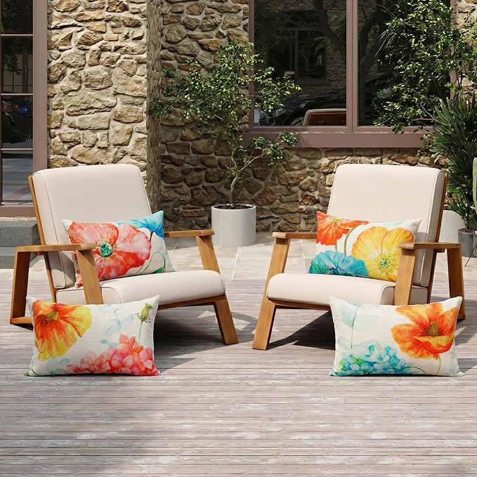 Floral Outdoor Lumbar Throw Pillow Covers Waterproof 12x20, Hydrangea Decor | Lotus Flower Decor, Waterproof, Hydrangea Pillow Covers, Set of 4, Outdoor Lumbar Pillows for Garden Porch Patio Furniture