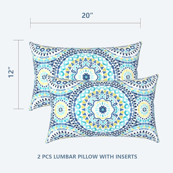 LVTXIII Outdoor/Indoor Lumbar Pillows, Decorative Patio Lumbar Cushions, Fluffy Water Repellent Garden Cushions for Home Patio Coach Sofa Use, 12×20 Inch, Pack of 2, Delancey Lagoon