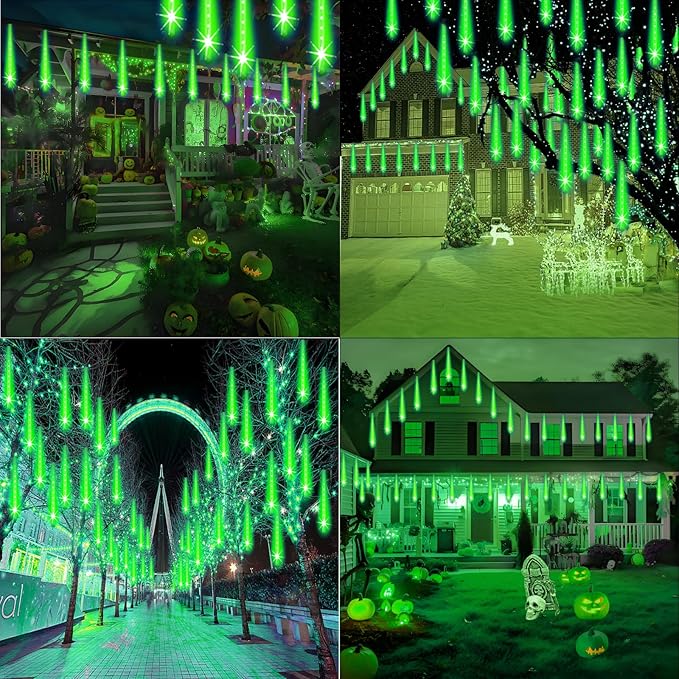 Weepong Halloween Lights Outdoor, Meteor Shower Christmas Lights for Halloween Decorations, 8 Tube 192 LED Snow Falling Rain Icicle String Light for Xmas Christmas Decor Tree Party, UL Plug Green