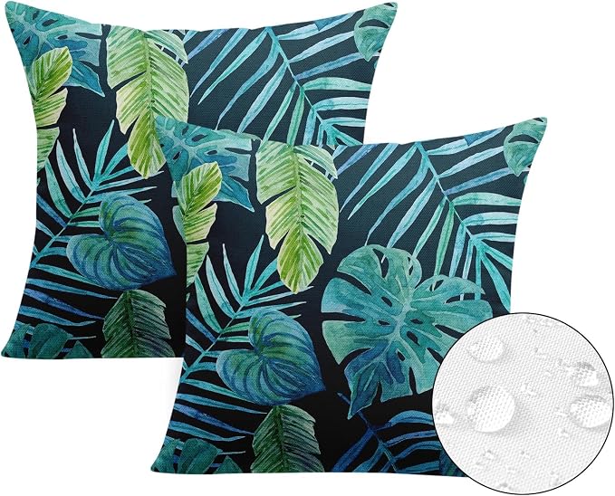 Outdoor Pillow Covers, Palm Leaf, Set of 2, Waterproof, 18 x 18Inch | Greenery Tropical Plants Outdoor Square Cushion Case Pillowcase Decorative Pillows Couch Beach Patio