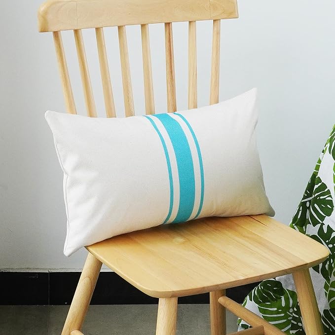 ONWAY Outdoor Pillow Covers Waterproof 12x20 Set of 2 Decorative Linen Throw Pillow Cover Beige and Blue Striped Outdoor Pillows for Patio Furniture