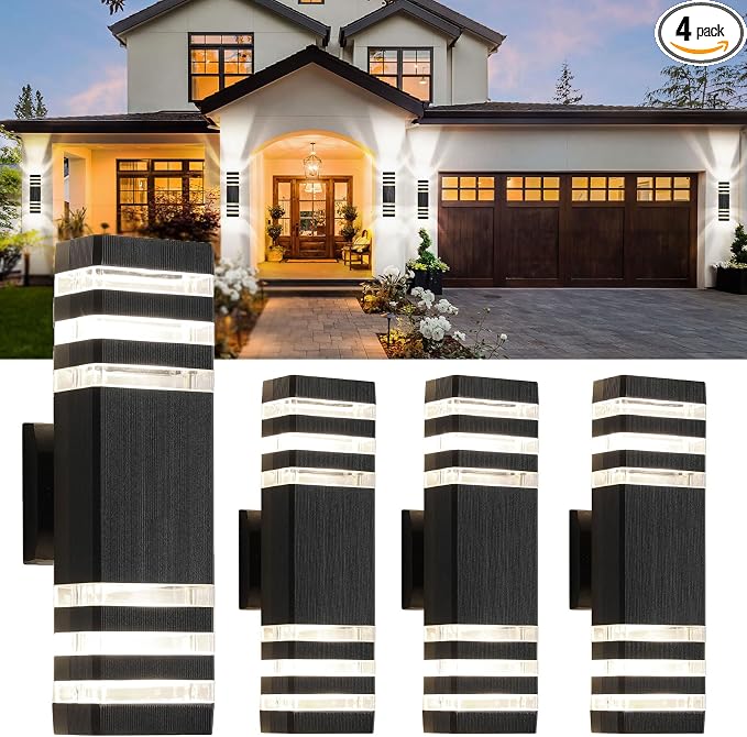 4 Pack Outdoor Wall Lights, Modern Exterior Light Fixture Wall Mount Black Outside Lights for House Waterproof Aluminum Up and Down Porch Lights Outdoor Wall for Porch Patio Garage, 3-Layer