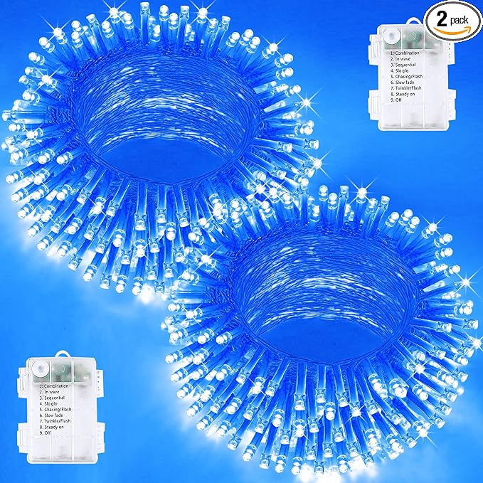 2 Pack 200 LED Battery Operated String Lights, Twinkle Fairy Lights Blue | 66FT 8 Modes Battery Lights Indoor Outdoor with Timer, Waterproof Christmas Lights for Bedroom Party Porch Tree Holiday Decor