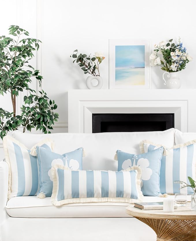 Hofdeco Premium Coastal Patio Indoor Outdoor Long Lumbar Pillow Cover Only, 12"x26" Water Repellent for Backyard, Couch, Baby Blue Stripes with Fringe