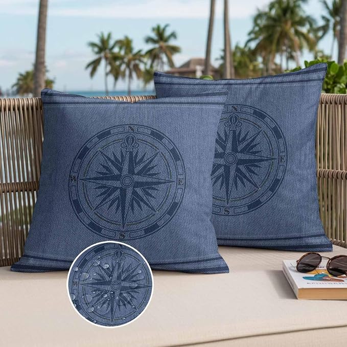 Compass Navigation Outdoor Waterproof Throw Pillow Covers Set of 2, 26"x26", Guide Letter Printing Decorative Pillow Covers Outside Cushion Case for Patio Porch Garden