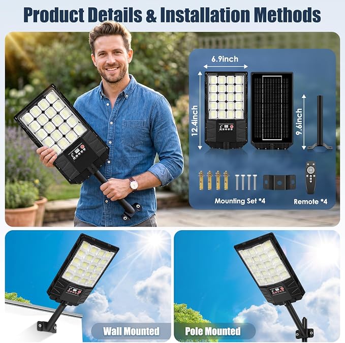 4-Pack Solar Street Lights, 24000LM 6500K Outdoor Waterproof LED Solar Flood Lights with Motion Sensor, Dusk to Dawn Solar-Powered Lighting for Outside, Security Lights for Driveway Parking Lot Yard