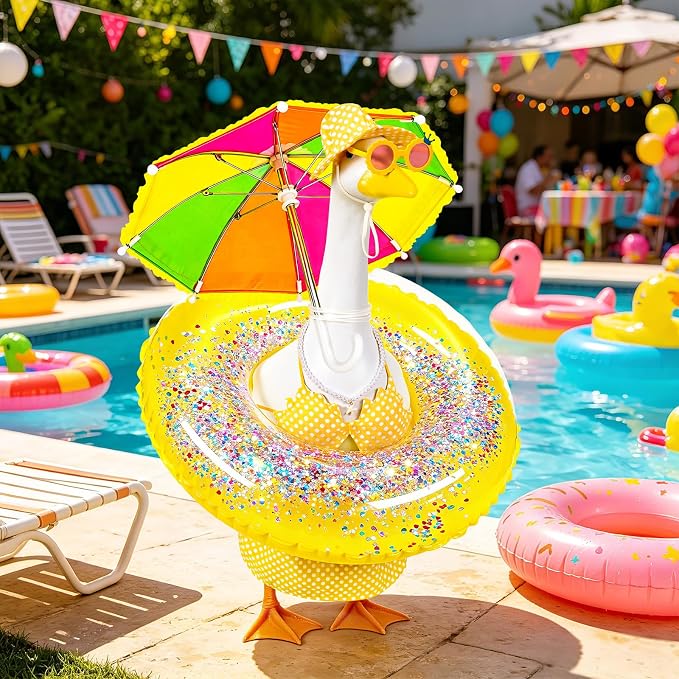 Hawaiian Porch Goose Outfits, 23 Inch Bikini Lawn Goose Summer Outfit with Swimsuit Float Ring Sunglasses Pearl Necklace Umbrella, Yellow Polka Dot Goose Clothes for Outdoor Garden