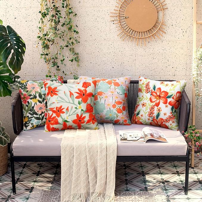 Pyonic Pack of 2 Outdoor Pillows Cover 18X18 inch Floral Waterproof Outdoor Throw Pillow Covers for Patio Furniture Porch