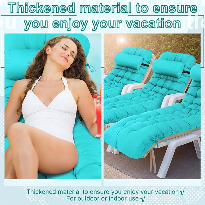 Tudomro Outdoor Chaise Lounge Cushion 66x21x4'' Waterproof & Fade-Resistant Patio Pool Chaise Lounge Cushion Headrest Pillow Tie Replacement Rocking High Back Chair(Turquoise,Set of 2)
