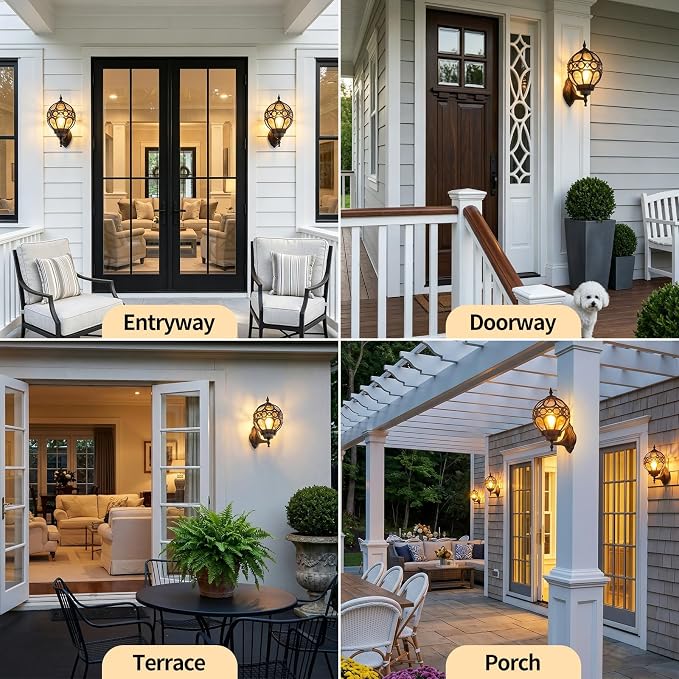 2 Pack Black Globe Outdoor Wall Lights, Round Exterior Wall Sconce for Patio, Porch, Garage, Anti-Rust Aluminum Wall Mount Lighting Fixture, Classic Wall Lantern with Ornate Cage & Amber Glass
