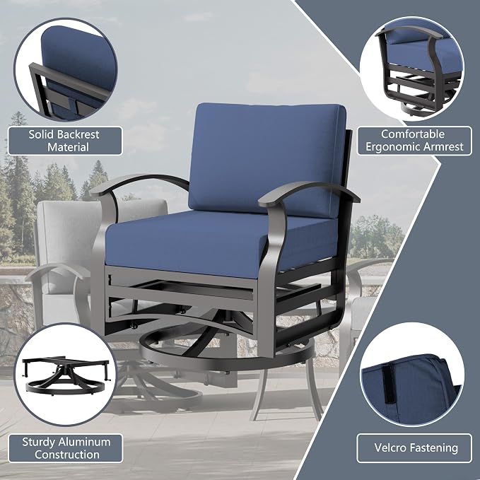 Aluminum Outdoor Patio Furniture Set,7 Seats Patio Conversation Sets with Rectangular Coffee Table,Metal Patio Sectional Furniture Set with 2 Swivel Rocking Chairs,Navy Blue