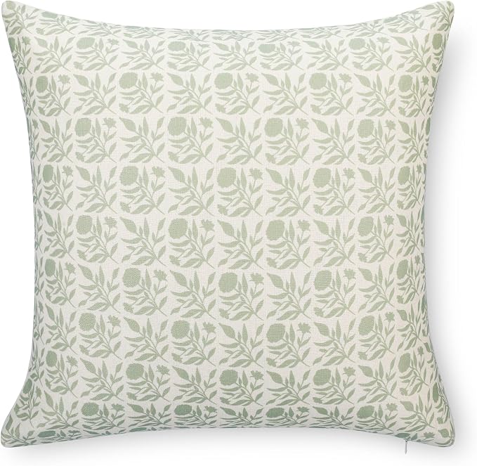 Crumbs Home Modern Farmhouse California Casual Indoor Outdoor Throw Pillow Cover, 20"x20" Water Repellent for Patio, Backyard, Couch, Poolside, Light Green Print Floral and Leaves Geometric