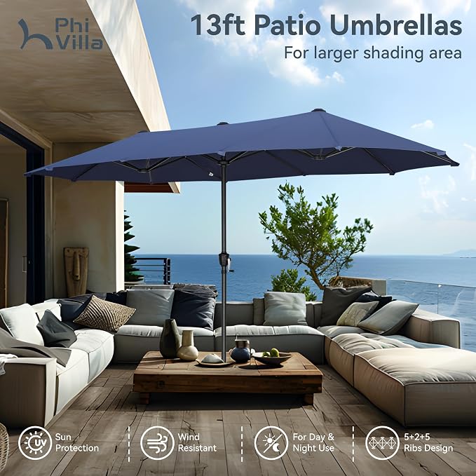 PHI VILLA 8 Pcs Outdoor Dining Set with 13ft Umbrella, Mesh Dining Chairs | 60'' wood-look rectangular table, 6 patio textilene chairs and 13ft navy blue umbrella(NO BASE) for deck, garden, backyard