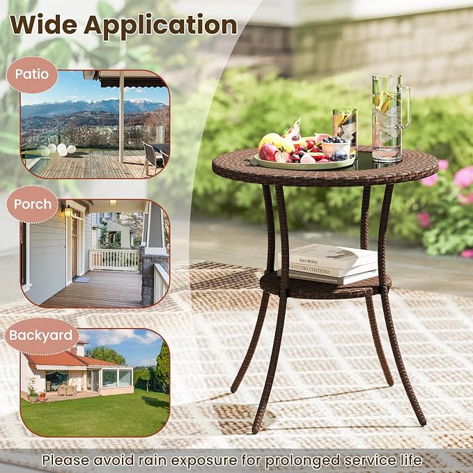 Tangkula 25.5" Wicker Patio Dining Table, Outdoor Round Bistro Side Table with Tempered Glass Top and Storage Shelf, for Balcony, Garden and Backyard