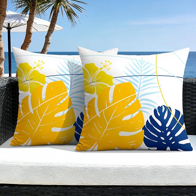 OTOSTAR Outdoor Waterproof Throw Pillow Covers 18x18 Inch Set of 2 Double-Sided Yellow Blue Tropical Leaf and Flower Spring Summer Decorative Pillow Cases for Patio Funiture Garden Tent Balcony Couch