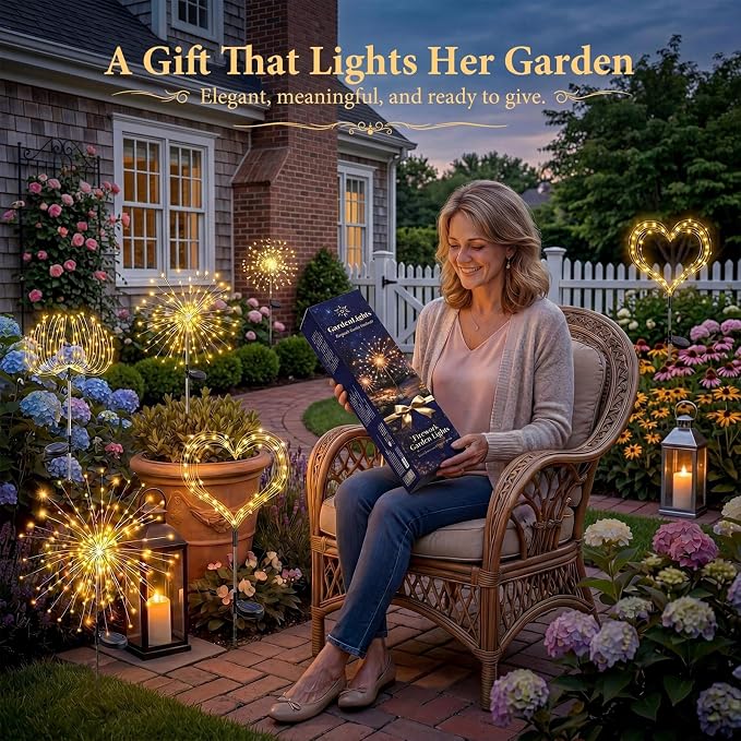 Solar Firework Lights, 8 Pack 120 LEDs 8 Lighting Modes Solar Fairy Garden Lights Outdoor Waterproof for Yard Patio Walkway Pathway Party Wedding Balcony Decorative- Warm White