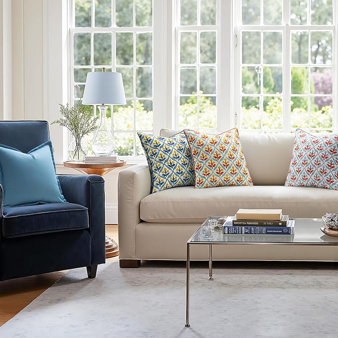 MIULEE Outdoor Floral Pillow Covers Waterproof 18x18 Light Yellow Blue | Decorative Block Print,Boho Farmhouse, Set of 2 Coastal Summer Cushion Covers with Piping,Garden Patio Furniture Porch Couch