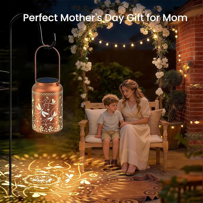 JEJOT Dragonfly Solar Lanterns Outdoor Waterproof,Birthday Gift for Women | Gifts for Mom Grandma, Metal Hanging Solar Light for Yard Garden Porch Landscape Deconration-2Pack