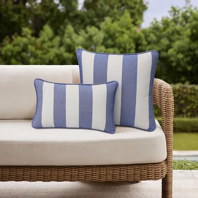 Unimatta Decorative Outdoor Water Repellent Throw Pillows with Inserts, Set of 4, 20" x12" Pillows for Patio, Backyard, Bed, Couch, and Patio Furniture, Navy Stripe
