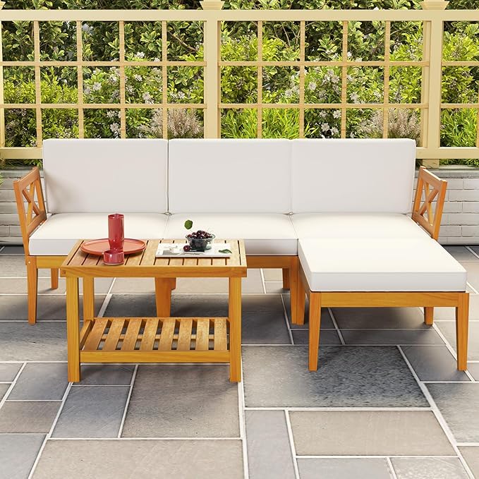 HAPPYGRILL 5 Pieces Acacia Wood Patio Furniture Set, Outdoor Sectional Couch with 2-Tier Coffee Table and Cushions, L Shaped Outdoor Conversation Set for Porch, Garden, Backyard