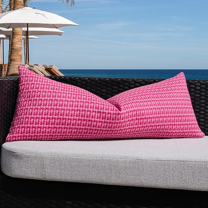 Kevin Textile Outdoor Waterproof 14"x36" Pillow Cover 1 Pack, Hot Pink | Water Resistant Weaving Faux Linen Texture Throw Pillow Covers, Outside Decorative Pillowcases for Garden Patio Balcony Couch