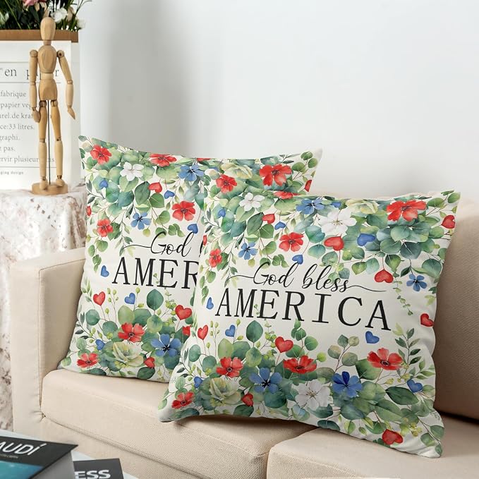 4th of July Pillow Covers Idependence Day Throw Pillow Covers 22x22 Red White Blue Flower Pillow Cases Eucalyptus Leaf Patriotic Cushion Cases for Home Bedroom Living Room 2 Pack