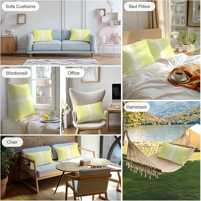 Yellow White Stripe Outdoor Pillow Covers 20x12 Inch Lumbar Pillow Covers Set of 2 Waterproof Decorative Throw Pillow Cases Modern Rustic Vertical Striped Cushion Covers for Patio Furniture Garden