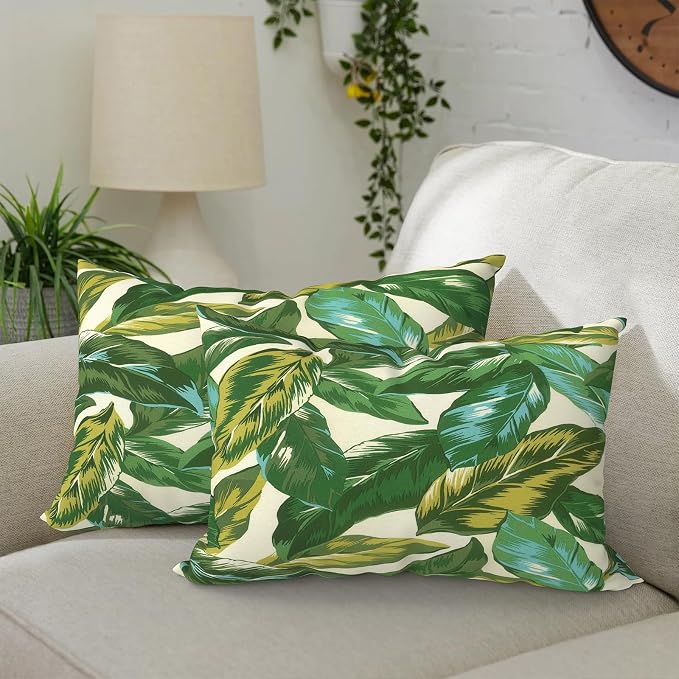 DYTXIII Pack of 2 Outdoor Waterproof Lumbar Pillow Covers ONLY, 12x20 Rectangle Decorative Double Printed Pillow Cases for Patio Couch Porch Furniture - Lush Leaf Jungle