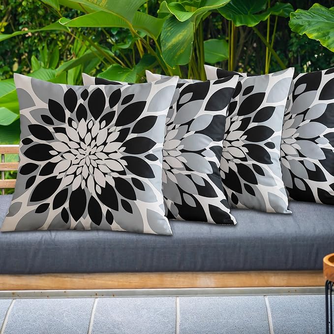 Pack of 4 Outdoor Waterproof Pillow Covers 18x18 Decorative Outdoor Throw Pillows Garden Square Cushion Cases for Patio Furniture, Couch, Tent Sunbrella, Bench, Black Grey