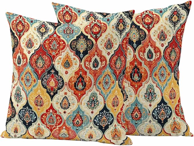Bohemian Floral Outdoor Pillow Covers 24"x24" Set of 2, Moroccan Exotic Colored Floral Waterproof Throw Pillow Covers for Patio Furniture, Decorative Cushion Covers for Porch