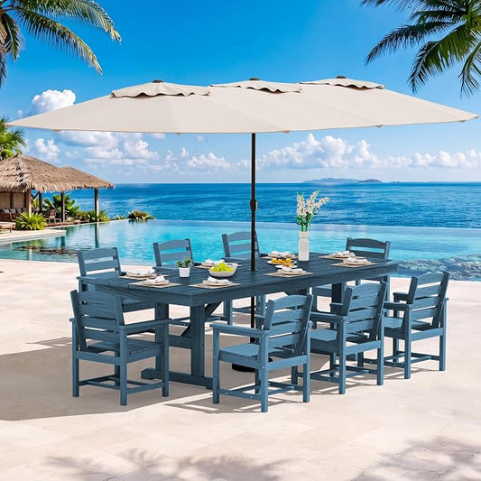 SERWALL 10 Piece Outdoor Dining Set with 15ft Triple-Head Foldable Umbrella(Based not Included), 84" HDPE Outdoor Table and Chairs for 8, Blue