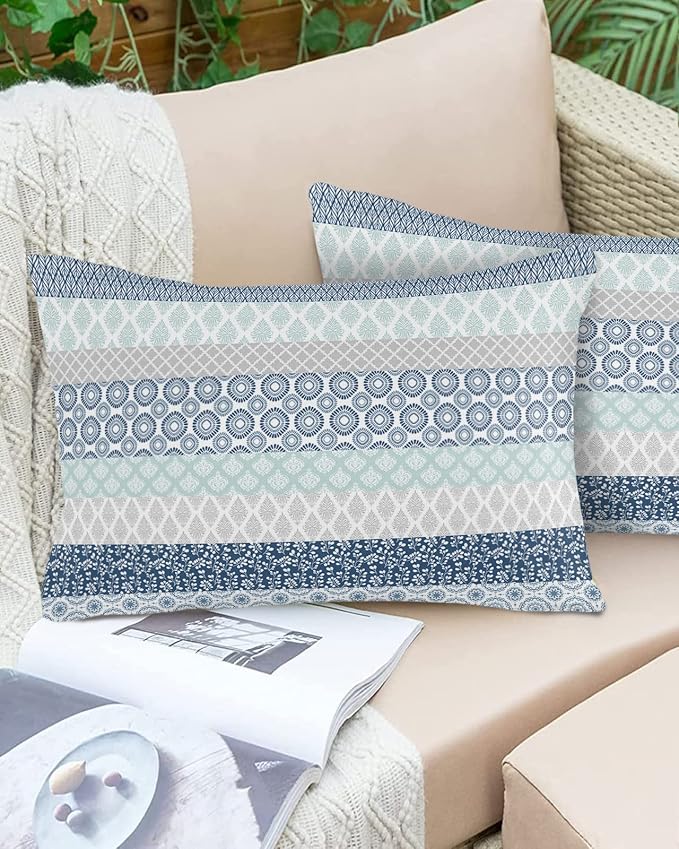 Outdoor Waterproof Throw Pillow Covers Set of 2 Blue Boho Stripe Tribal Vingtage Lumbar Pillowcases 20x12 Inches Bohemian Style Decorative Pillows Cushion Case Patio Pillows for Couch Bed Garden