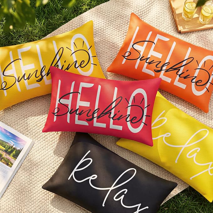 Lewondr Waterproof Outdoor Throw Pillow Cover, 12×20", Red | 2 Pack, Hello Sunshine Printing, Summer Garden Decor, For Patio Sofa, Balcony Couch, Bench Porch