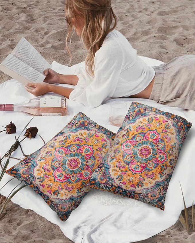 Prime Leader Outdoor Waterproof Pillow Covers Set of 2, Geometric Abstract Carpet Flowers Pattern Pink Patio Throw Pillow Covers, Decorative Cushion Case for Couch Sofa Furniture Garden, 20x12 Inch