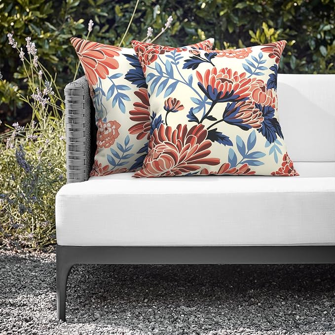 Outdoor Throw Pillows 16x16 Inch, Water Repellent Patio Pillows with Inners Set of 2 for Patio Furniture Home Graden, Red Chrysanthemum