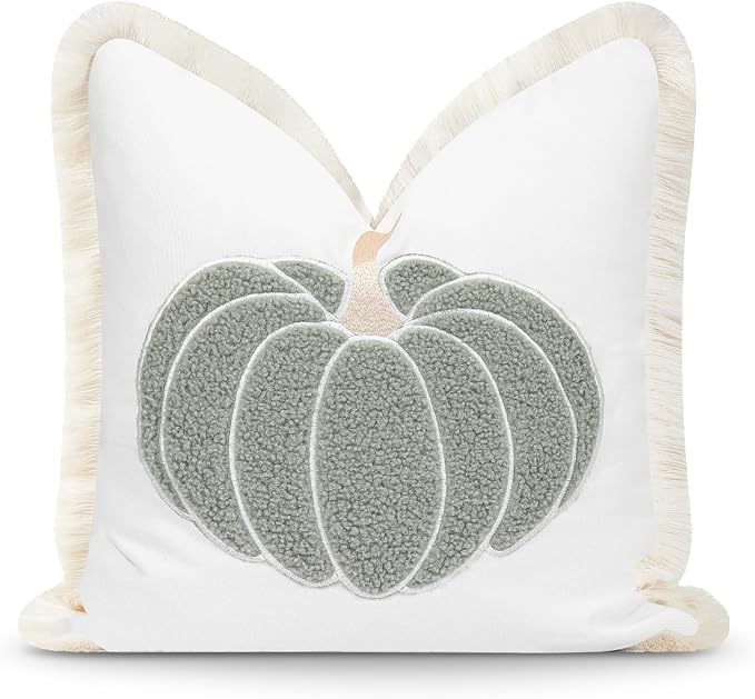 Hofdeco Premium Fall Coastal Patio Indoor Outdoor Pillow Cover Only, 20"x20" Water Repellent for Backyard, Couch, Muted Aqua Neutral Tan Embroidered Pumpkin with Fringed Trim