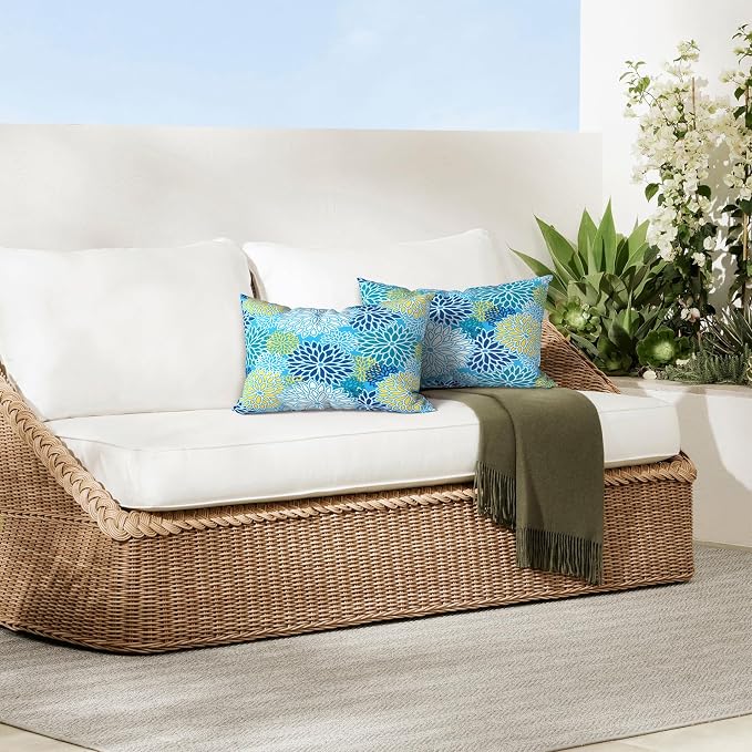 DYTXIII Pack of 2 Outdoor Waterproof Lumbar Pillow Covers ONLY, 12x20 Rectangle Decorative Double Printed Pillow Cases for Patio Couch Porch Furniture - Dahlia Blue