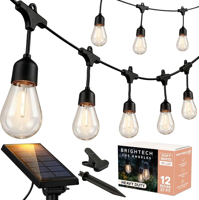 Brightech Ambience Pro 27 Ft Solar Powered String Lights - Commercial Grade Waterproof Patio Lights with Edison Bulbs - Shatterproof LED Solar Outdoor String Lights - 1W LED, Soft White, 12 Bulbs