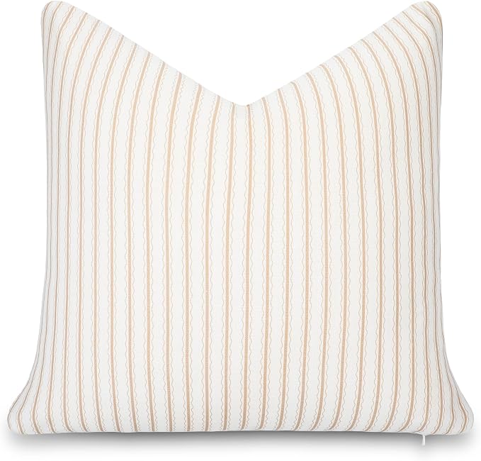 Modern Farmhouse California Casual Indoor Outdoor Throw Pillow Cover, 22"x22" Water Repellent for Patio, Backyard, Couch, Poolside, Ivory Cream Tan Print Wave Stripes