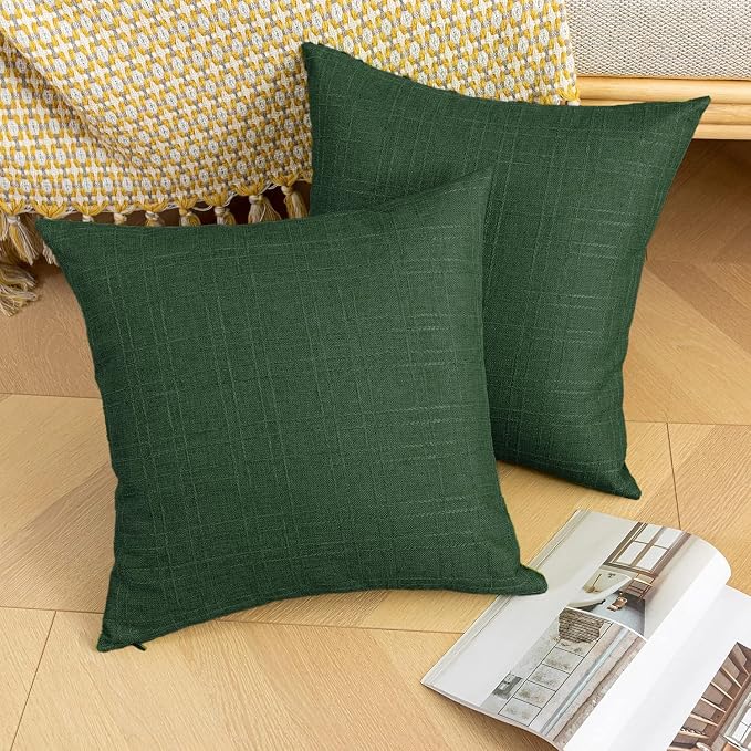 Kevin Textile Outdoor Waterproof 16”x16” Pillow Covers 2 Pack, Army Green | Water Resistant, Soft Faux Linen-cotton Yarn-dyed Woven Texture Throw Pillow Covers for Tent Patio Garden Couch Sofa