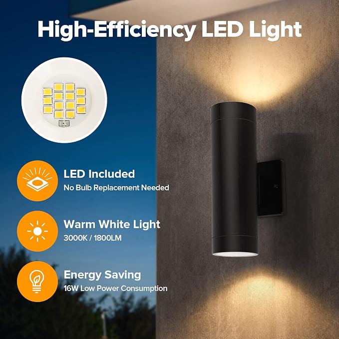 LUTEC 16W LED Outdoor Wall Lights, Dusk to Dawn, 2 Pack | 3000K Warm White, IP65, Aluminum Matte Black Cylinder Wall Sconces, For Porch Entryway Yard
