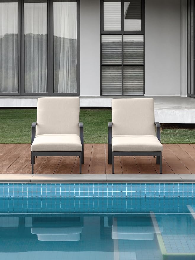 2 Pieces Patio Chaise Lounge Chairs, Never Rust Aluminum Outdoor Pool Lounge Chairs with Gray Cushion, 6-Position Adjustable Backrest Outdoor Loungers Pool Chaise Chair for Beach, Gunmetal